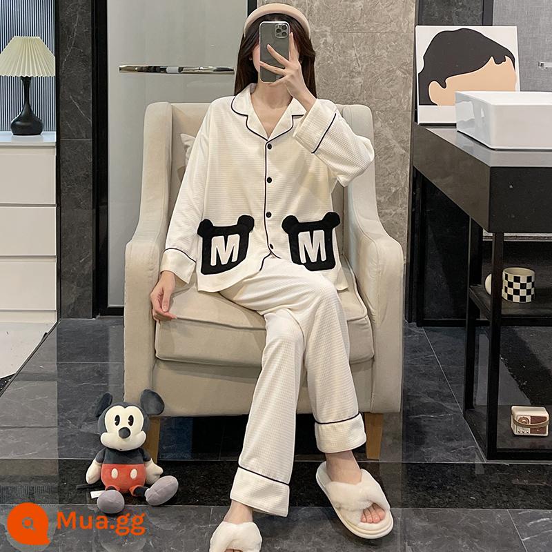 Bộ đồ ngủ nữ mùa xuân và mùa thu 2022 cotton dài tay cỡ lớn màu đen lưới đỏ phong cách áo khoác ngoài mùa đông phù hợp với dịch vụ tại nhà - WD-S1272 màu trắng