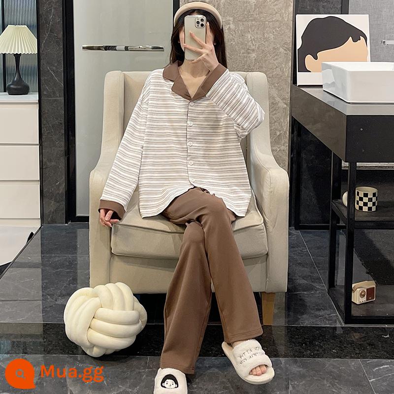 Bộ đồ ngủ nữ mùa xuân và mùa thu 2022 cotton dài tay cỡ lớn màu đen lưới đỏ phong cách áo khoác ngoài mùa đông phù hợp với dịch vụ tại nhà - Nâu đậm DJ-1559 nâu