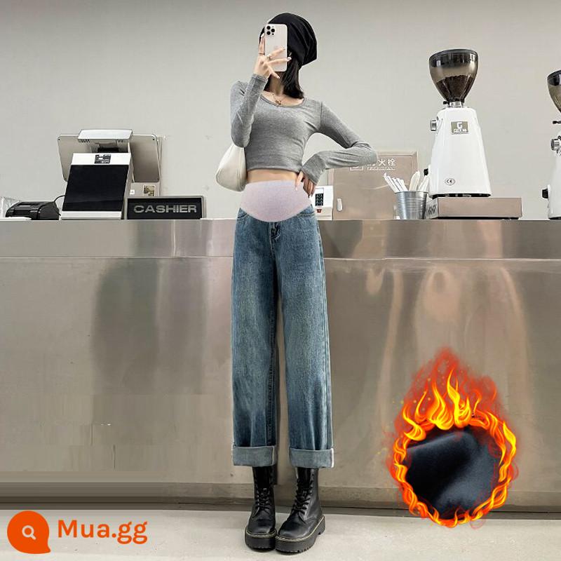 Quần của phụ nữ mang thai mùa thu và mùa đông của phụ nữ áo khoác ngoài denim quần ống rộng mùa đông cộng với nhung đáy dày quần thẳng mùa xuân và mùa thu - Màu xanh cổ điển [phong cách nhung]