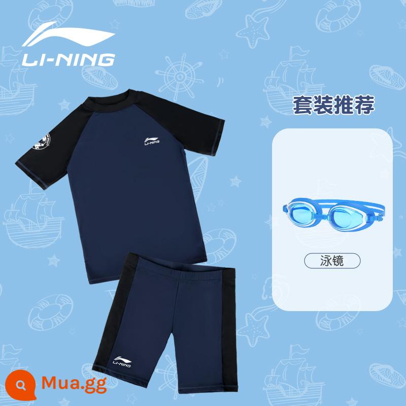 Đồ bơi trẻ em Li Ning bé trai hai mảnh 2022 quần bơi trẻ em trung và lớn mới chống nắng chuyên nghiệp đào tạo suối nước nóng bé trai - Kính bơi + xanh đen cổ điển