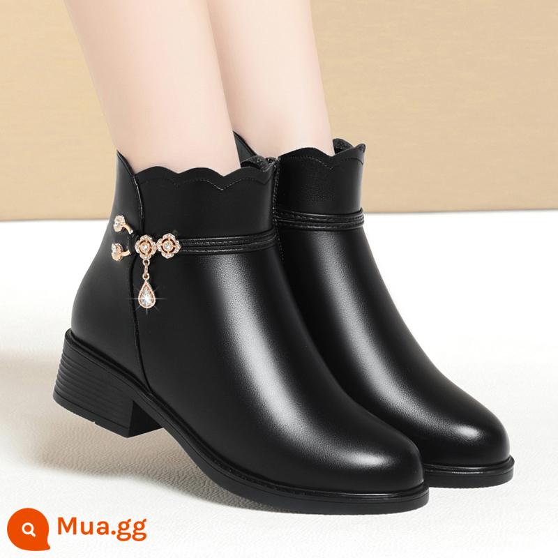 Mom Leather Short Boots Nữ cộng với nhung, Giày cao gót giày cao gót giày bông Nữ 2022 Mùa đông mới dày cộng với đôi giày cotton trẻ em - 3009 nhung đen, gót thấp 3cm