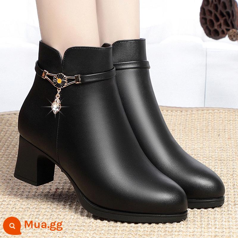 Mom Leather Short Boots Nữ cộng với nhung, Giày cao gót giày cao gót giày bông Nữ 2022 Mùa đông mới dày cộng với đôi giày cotton trẻ em - 7088 nhung đen, gót vừa 5 cm