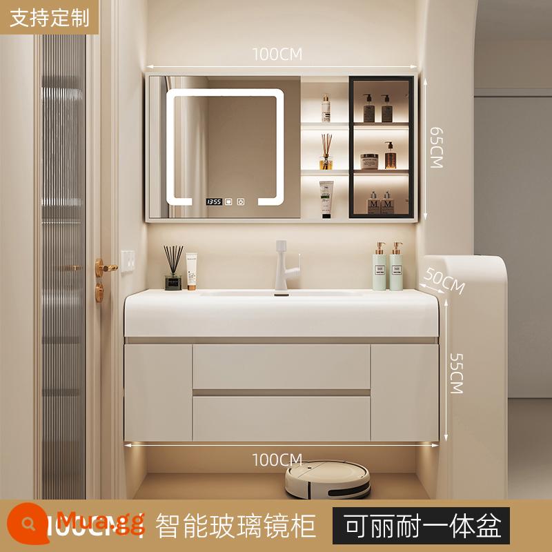 Kem phong cách phòng thay đồ rửa mặt cảm giác da Corian tích hợp chậu rửa tủ phòng tắm chậu rửa kết hợp gốm sứ - Tủ gương kính thông minh 100CM + chậu tích hợp Corian cảm nhận làn da