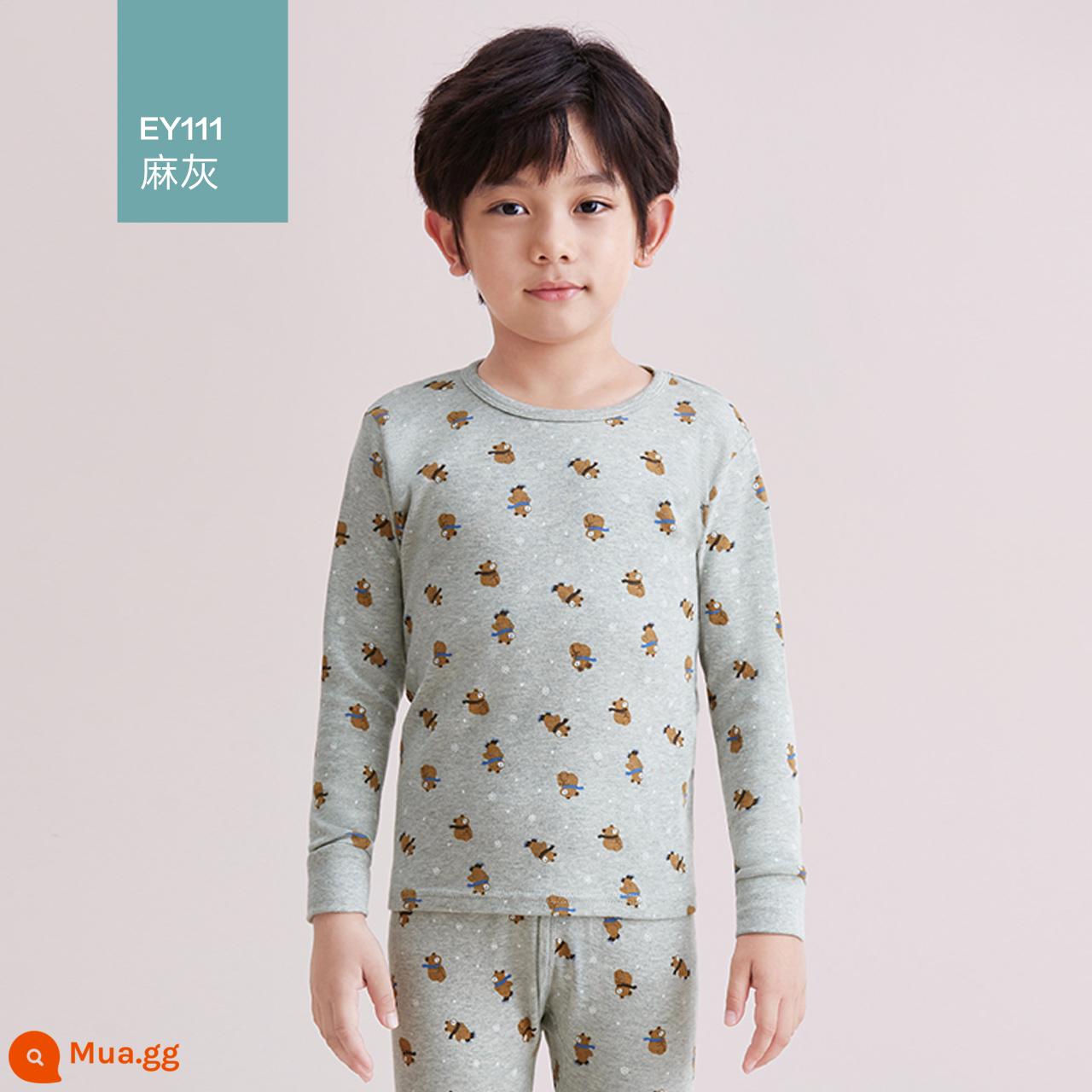 Bộ Đồ Lót Trẻ Em Hongdou Quần Áo Thu Đông Và Quần Vệ Sinh Cho Bé Gái Áo len cotton cổ tròn bên trong bằng cotton nguyên chất để giữ ấm trong mùa thu - Gấu trượt tuyết - Xám gai dầu - Cotton nguyên chất thoáng khí hơn