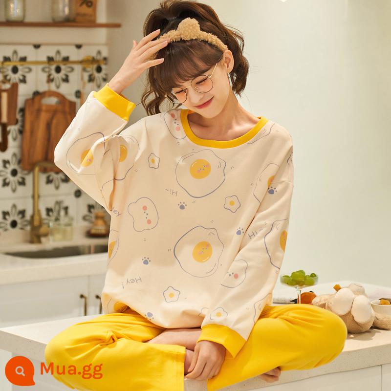 Bộ đồ thể thao nữ mùa xuân và mùa thu 2022 mới kích thước lớn giản dị cotton dày mùa thu và đầu mùa thu hai mảnh mùa thu tràn đầy sức sống cô gái - Áo thun quả trứng đáng yêu