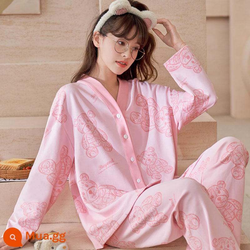 Bộ đồ thể thao nữ mùa xuân và mùa thu 2022 mới kích thước lớn giản dị cotton dày mùa thu và đầu mùa thu hai mảnh mùa thu tràn đầy sức sống cô gái - Cổ chữ V hình gấu gắt gỏng