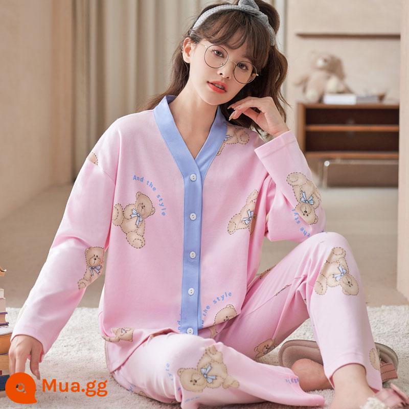 Bộ đồ thể thao nữ mùa xuân và mùa thu 2022 mới kích thước lớn giản dị cotton dày mùa thu và đầu mùa thu hai mảnh mùa thu tràn đầy sức sống cô gái - Cổ chữ V hình gấu