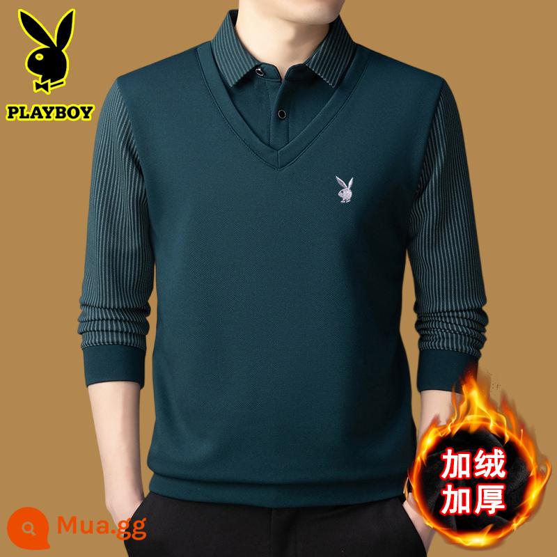 Playboy giả hai chiếc áo len nam nhung dày cổ áo sơ mi mùa đông 2023 mới thường ngày áo len len ấm áp - Mẫu Haqing 7100 cộng với nhung và dày