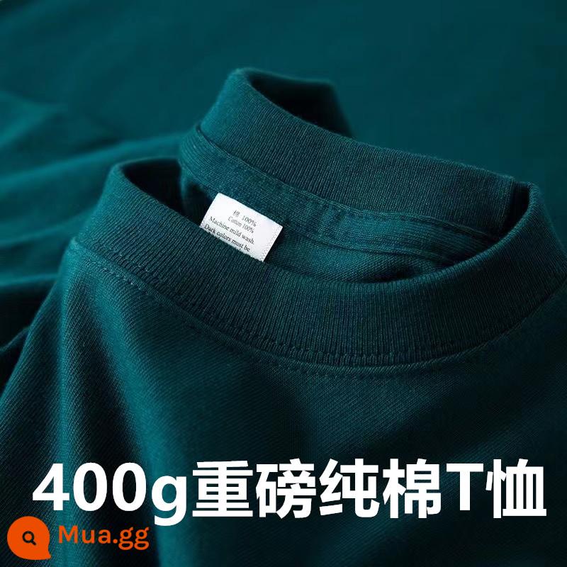 Màu trắng ngà nặng 400g cotton nguyên chất ngắn tay dày đục màu áo thun dáng rộng cổ tròn nửa tay nam nữ có đáy áo sơ mi - Màu xanh đậm [400g bông nặng]