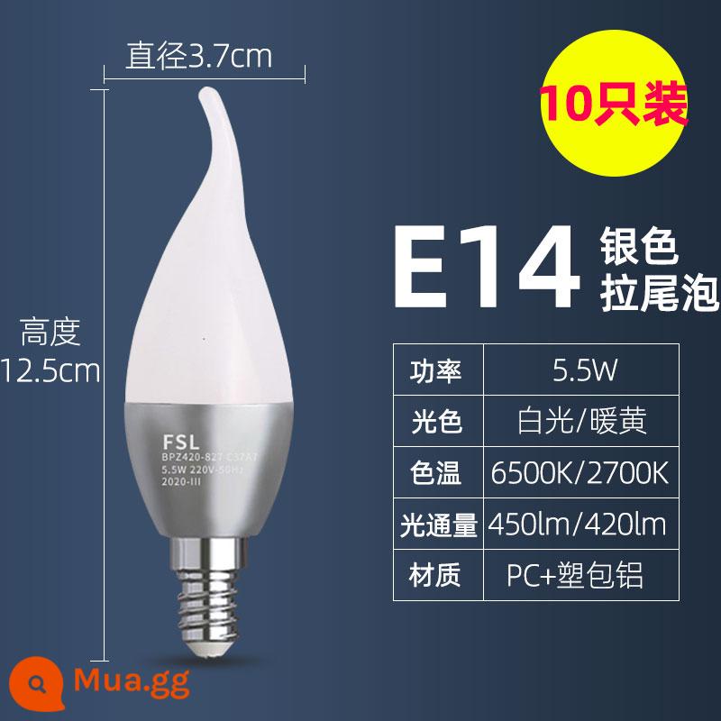 Phật Sơn Chiếu Sáng Bóng Đèn LED E27e14 Kích Thước Vít Đèn Chùm Đèn Hộ Gia Đình Siêu Sáng Tiết Kiệm Năng Lượng Đầu Bong Bóng Nến Bong Bóng - [Gói 10] Vít bong bóng đuôi bạc 5,5W-E14