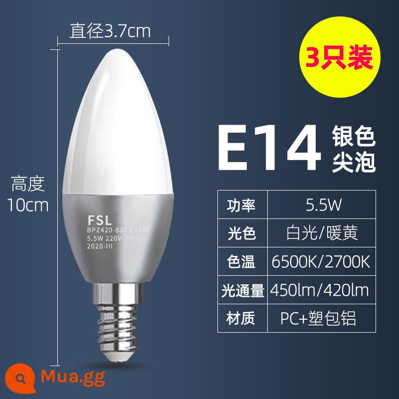 Phật Sơn Chiếu Sáng Bóng Đèn LED E27e14 Kích Thước Vít Đèn Chùm Đèn Hộ Gia Đình Siêu Sáng Tiết Kiệm Năng Lượng Đầu Bong Bóng Nến Bong Bóng - [Gói 3] Vít bong bóng đầu bạc 5,5W-E14