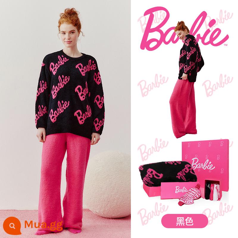 [BARBIE Barbie] Bộ đồ ngủ lông cừu màu san hô cho nữ mùa đông mới 2022 cộng nhung dày phục vụ tại nhà phù hợp với nữ - Bộ hộp quà 5 món màu đen