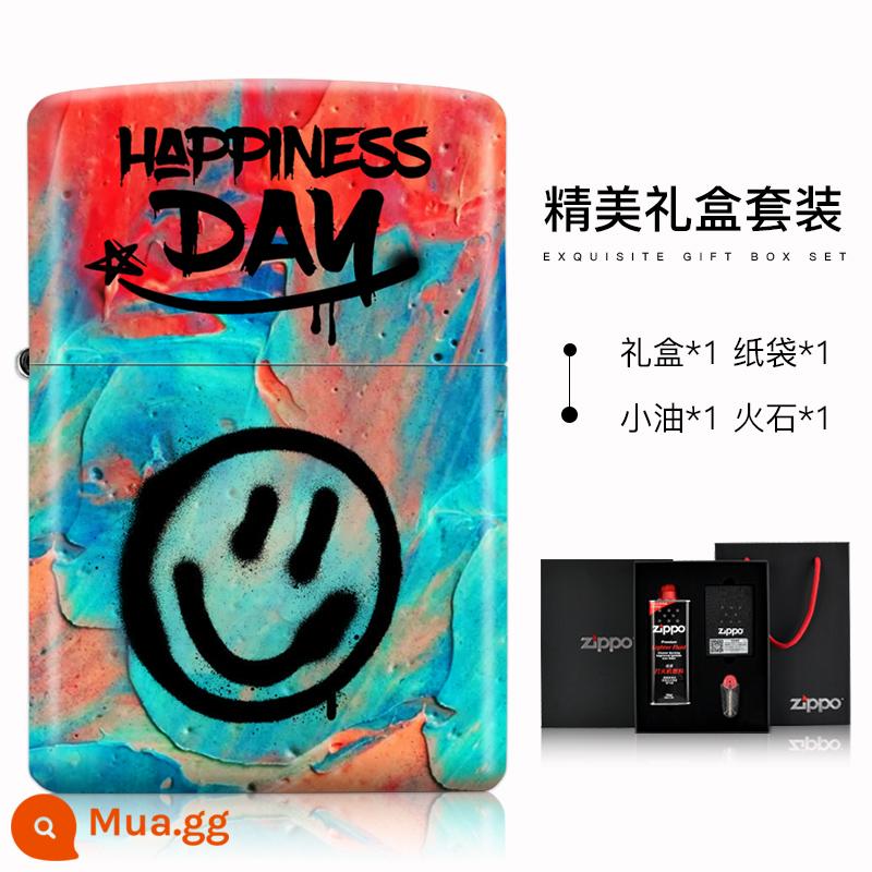 Bật lửa Zippo chính hãng chính hãng cầu vồng graffiti mặt cười dây kéo chính hãng Trang web chính thức Zippo gửi bạn trai - Mặt Cười Nhiều Màu-Đen (Bộ Hộp Quà)