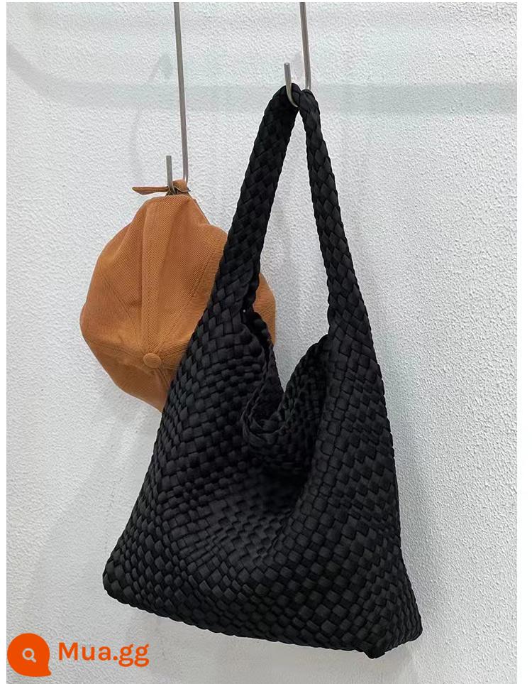 Túi dệt tay Niche Túi tote dung tích lớn Túi nữ cầm tay đơn giản Túi sát nách một vai Túi vải nylon - Màu đen to có túi lót dệt và khăn lụa. Nhận quà.