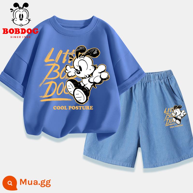 Bobbean Quần Bé Trai Cotton Mùa Hè 2023 Mới Cho Bé Denim Quần Short Thể Thao Trẻ Em Phần Mỏng Quần Áo Mùa Hè Nam - [Bộ đồ ngắn tay cotton nguyên chất] Kubabu xanh denim + Kubabu X xanh nhạt