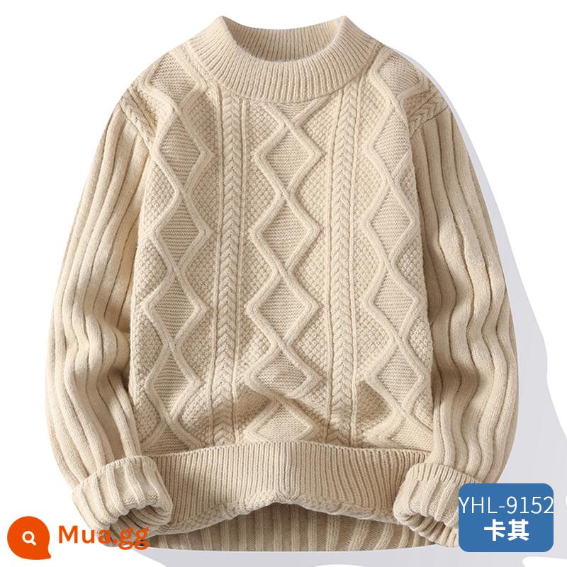 Áo len cổ tròn nam mùa thu đông rộng dày ấm cashmere bên trong áo khoác màu trơn phong cách lười biếng len dệt kim áo len - YHL-9152 Kaki