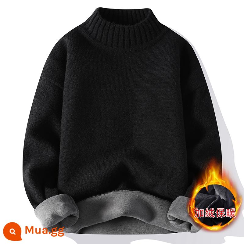 Áo len cashmere nam mùa thu đông cổ rộng nửa cao ấm áp đơn giản cộng với áo sơ mi đáy dệt kim dày nhung - 5201 màu đen