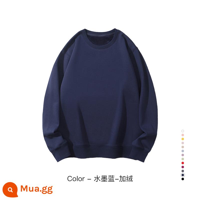 Cổ tròn cotton dày T tùy chỉnh in logo thêu mùa thu đông nhung dài tay đồng phục phục vụ quần áo làm việc nhân viên công ty tùy chỉnh - Mực xanh cộng với nhung