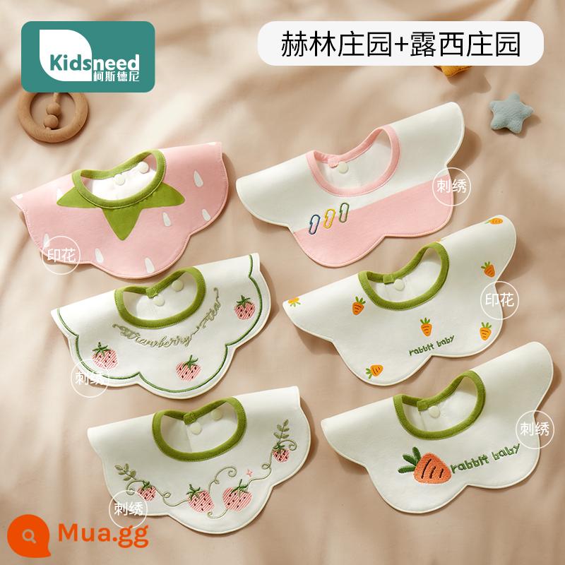 Yếm cotton cho bé sơ sinh chống thấm nước bọt khăn yếm yếm sữa 0-3-6 tháng nam nữ cho bé mùa thu - Lucy Manor + Herring Manor (6 gói) thêu cotton nguyên chất