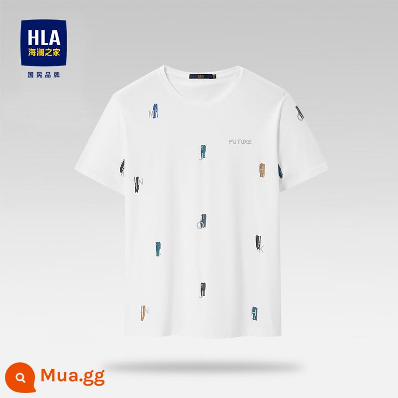 HLA/Hailan House Áo thun ngắn tay cổ tròn cotton nguyên chất mùa hè thoáng mát in hình cotton thoải mái thoáng khí Áo thun nam hàng đầu - Hoa văn trắng nhạt 21 cotton 69% polyester 31%