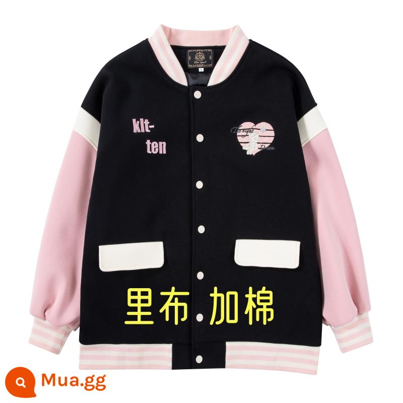 Nửa thìa đường chính hãng [Bộ đồ bóng chày Mỹ] chính hãng JK áo khoác xuân thu đông áo len vest váy - [Black Pink] Đồng phục bóng chày cotton (đơn chiếc) không thêu sau lưng