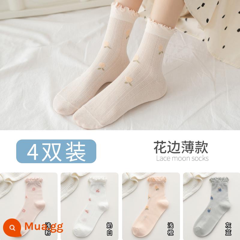 Vớ rời miệng giam mùa hè cotton mỏng vớ bà bầu 6 bà bầu xuân thu ống dài 5 mùa hè nữ mùa xuân mỏng sau sinh mùa hè - [4 đôi ren] 1 cam nhạt 1 hồng nhạt 1 trắng sữa 1 xanh xám