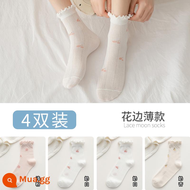 Vớ rời miệng giam mùa hè cotton mỏng vớ bà bầu 6 bà bầu xuân thu ống dài 5 mùa hè nữ mùa xuân mỏng sau sinh mùa hè - [4 đôi ren] 2 đôi trắng sữa, 1 hồng nhạt, 1 hồng mơ sữa