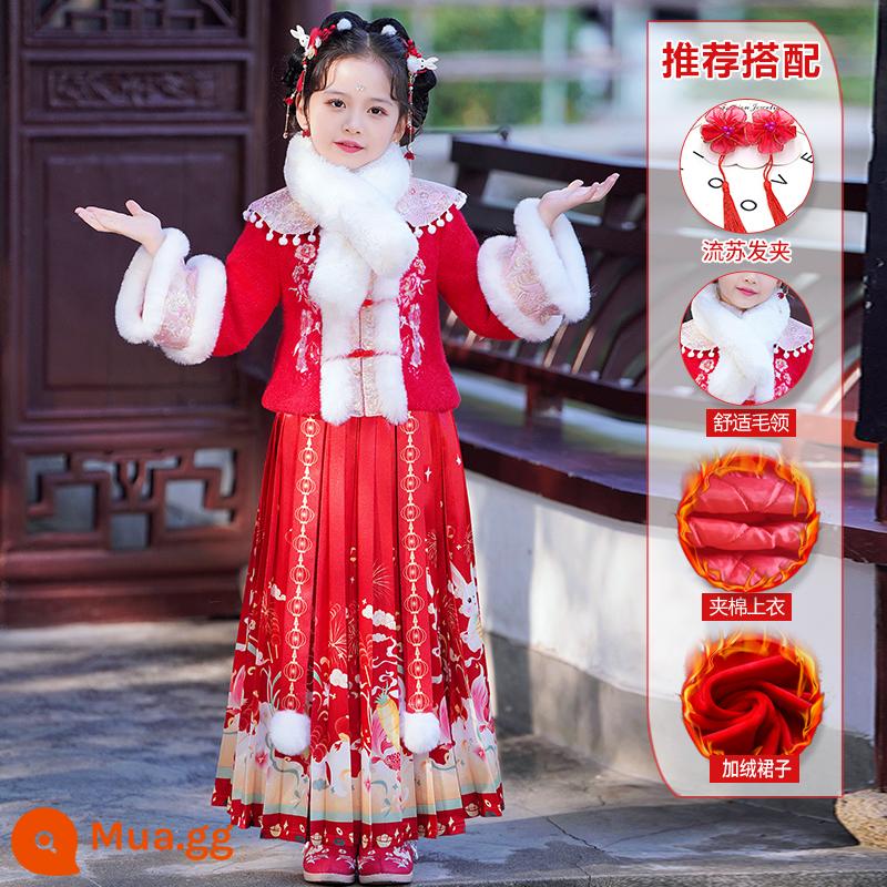 Váy mặt ngựa phong cách dân tộc dành cho nữ sinh Váy thu đông Hanfu Bộ đồ trẻ em 2023 Bộ đồ mùa đông mới Bộ đồ đêm giao thừa Đêm giao thừa - 99331 plus vest đỏ nhung + cổ lông, kẹp tóc tua rua miễn phí