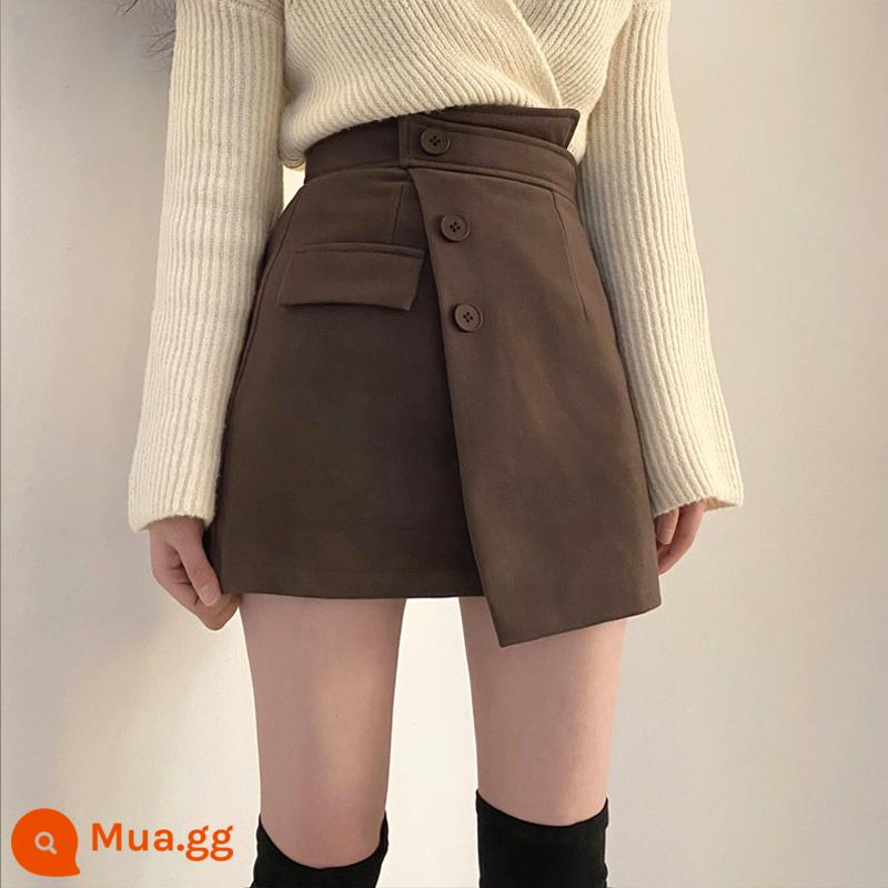 Kaki Không Đều Váy Ngắn Culottes Nữ Thu Đông Thu Đông Nâu Túi Hông Cao Cấp Màu Cà Phê Chân Váy Len Chữ A - Chất liệu len váy kaki