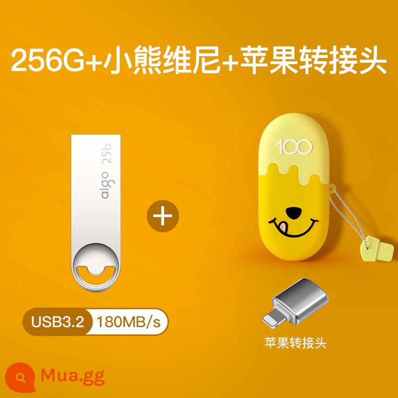 Nhà yêu nước phim hoạt hình Disney ổ đĩa flash xe ô tô dễ thương cô gái sáng tạo tốc độ cao USB3.2 ổ đĩa flash USB dung lượng lớn đích thực - 256G[Winnie the Pooh]+Bộ chuyển đổi Apple