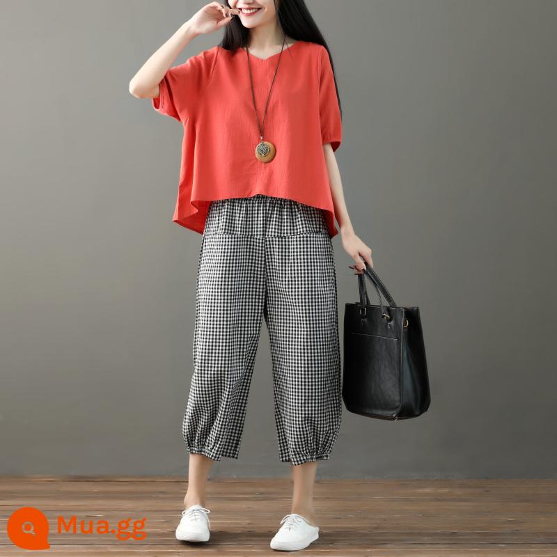 Bộ đồ cotton và vải lanh thời trang dành cho nữ mùa hè văn học nghệ thuật mới cỡ lớn mỏng và nhỏ Bộ đồ hai mảnh bằng vải lanh thông thường kiểu phương Tây mỏng - Quần cam + kẻ sọc