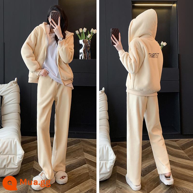 Sherpa Nhung Hoodie Bộ Đồ Thể Thao Nữ Mùa Đông Dày Ấm Áo Khoác Dây Kéo Thẳng Quần Áo 2 Mảnh - Bộ đồ thể thao cotton dày sherpa màu be