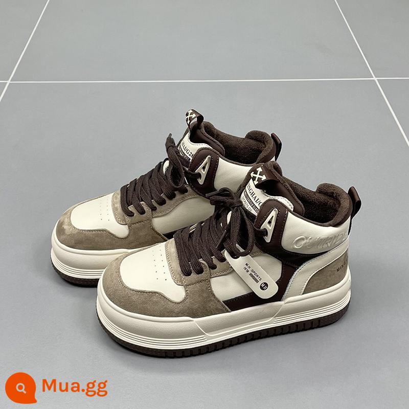 Da Plus Nhung Cao Cấp Giày Nữ Mùa Đông 2022 Mới Đầu Tròn Đáy Dày Dày Ấm Da Bò thể Thao Giày Sneakers - cà phê