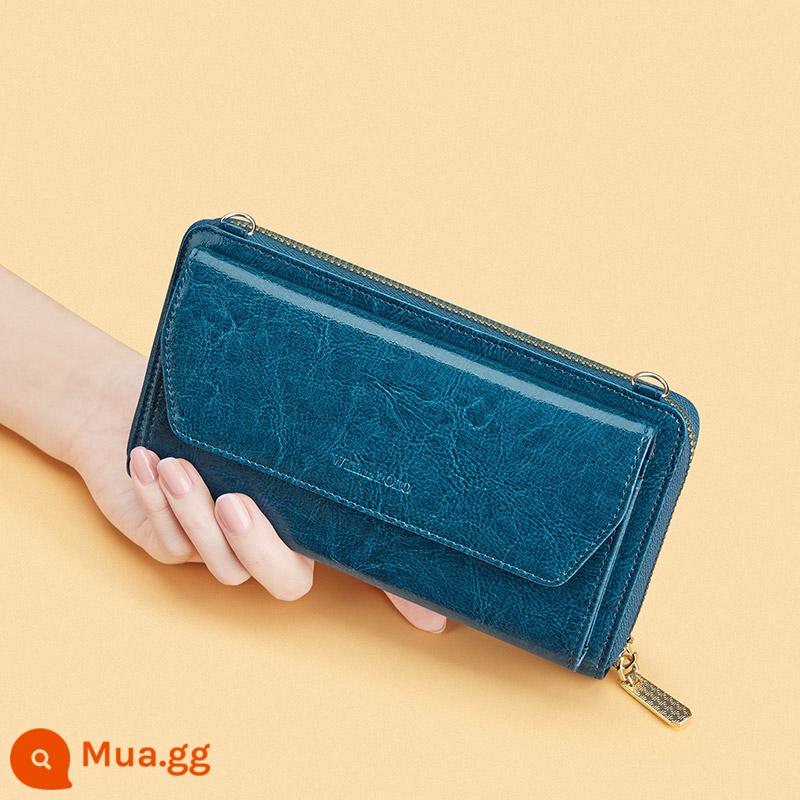 Ví da Emperor Ralph Lauren Polo Leather Clutch Nữ 2022 Phiên bản dài mới Retro Dung lượng lớn Messenger Điện thoại di động - Peacock Blue [có thể đeo chéo]