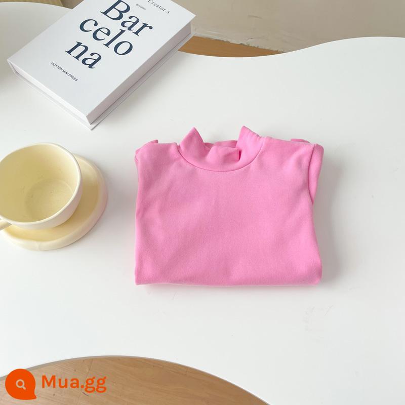 Áo sơ mi cổ tròn bằng vải cotton chải kỹ dành cho trẻ em cho bé trai và bé gái áo thun chui đầu nửa cổ lọ đa năng màu trơn dài tay mùa xuân thu - quả đào