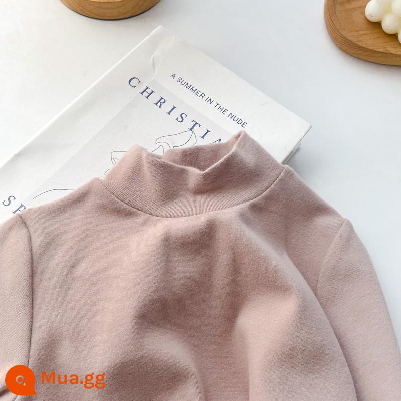 Áo sơ mi cổ tròn bằng vải cotton chải kỹ dành cho trẻ em cho bé trai và bé gái áo thun chui đầu nửa cổ lọ đa năng màu trơn dài tay mùa xuân thu - Con lạc đà