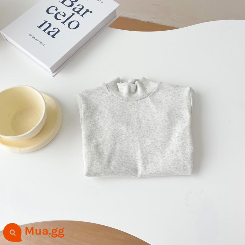 Áo sơ mi cổ tròn bằng vải cotton chải kỹ dành cho trẻ em cho bé trai và bé gái áo thun chui đầu nửa cổ lọ đa năng màu trơn dài tay mùa xuân thu - tro trắng