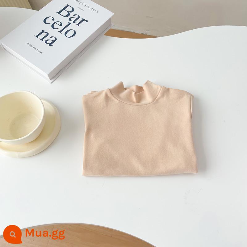 Áo sơ mi cổ tròn bằng vải cotton chải kỹ dành cho trẻ em cho bé trai và bé gái áo thun chui đầu nửa cổ lọ đa năng màu trơn dài tay mùa xuân thu - quả mơ