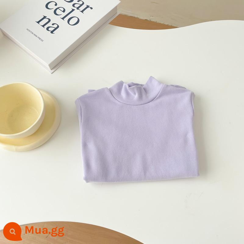 Áo sơ mi cổ tròn bằng vải cotton chải kỹ dành cho trẻ em cho bé trai và bé gái áo thun chui đầu nửa cổ lọ đa năng màu trơn dài tay mùa xuân thu - tím nhạt