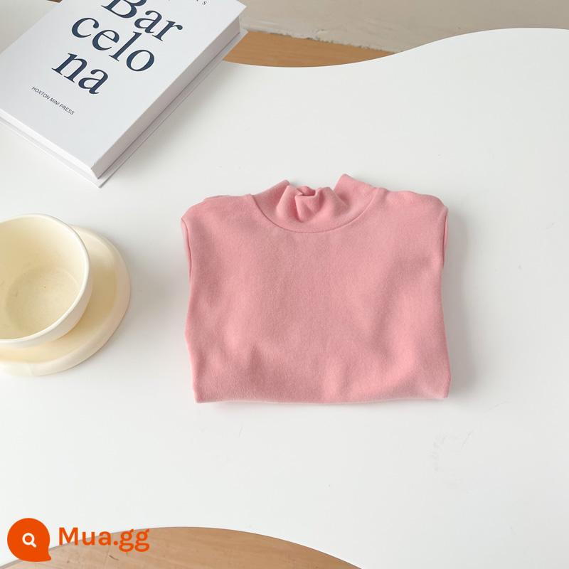 Áo sơ mi cổ tròn bằng vải cotton chải kỹ dành cho trẻ em cho bé trai và bé gái áo thun chui đầu nửa cổ lọ đa năng màu trơn dài tay mùa xuân thu - Hồng