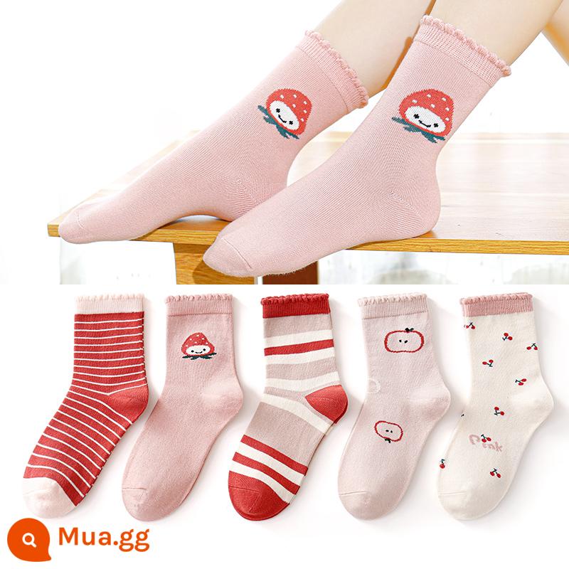 Chuột 6 ngón mùa thu và mùa đông dài ống cao bé gái ống giữa kéo dài trẻ em vớ cotton nguyên chất bé gái lớn bé trai mùa đông vớ nữ - 68F Cherry Berry (dài vừa phải) 5 đôi