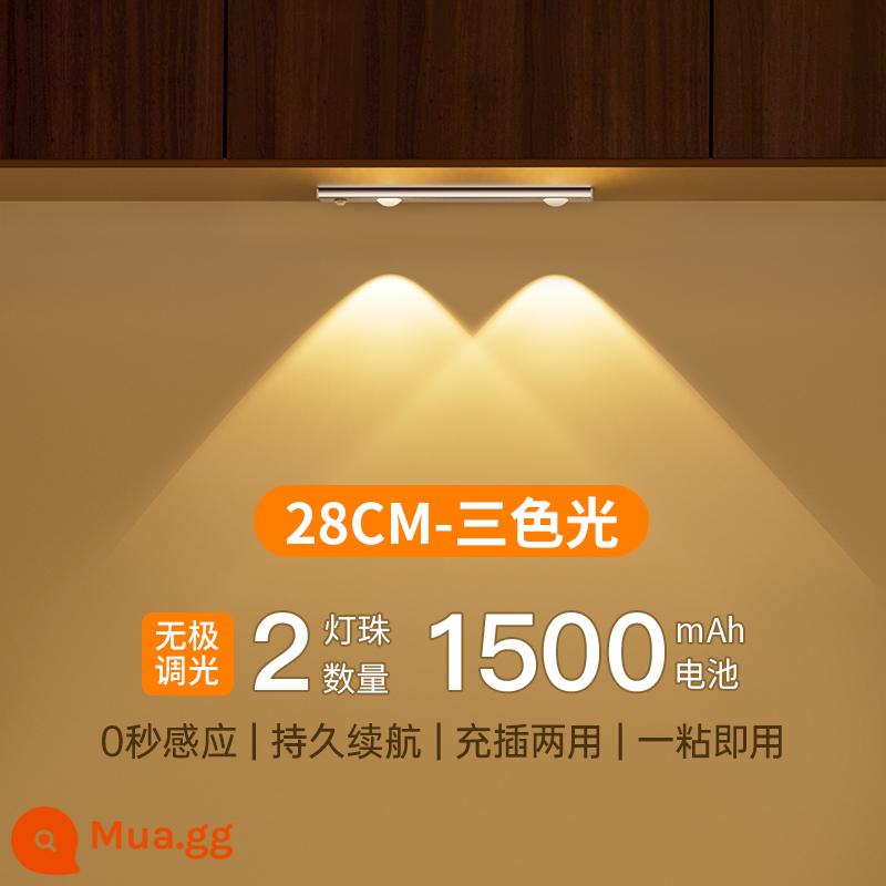 LED ánh sáng tủ tổng thể thông minh với cơ thể con người cảm ứng không dây tự dính có thể sạc lại nhà bếp tủ rượu tủ quần áo tủ giày thanh ánh sáng - [Tuổi thọ pin cao] Đèn ba màu 28CM [sạc + cảm ứng/luôn bật + điều khiển ánh sáng + điều chỉnh độ sáng]