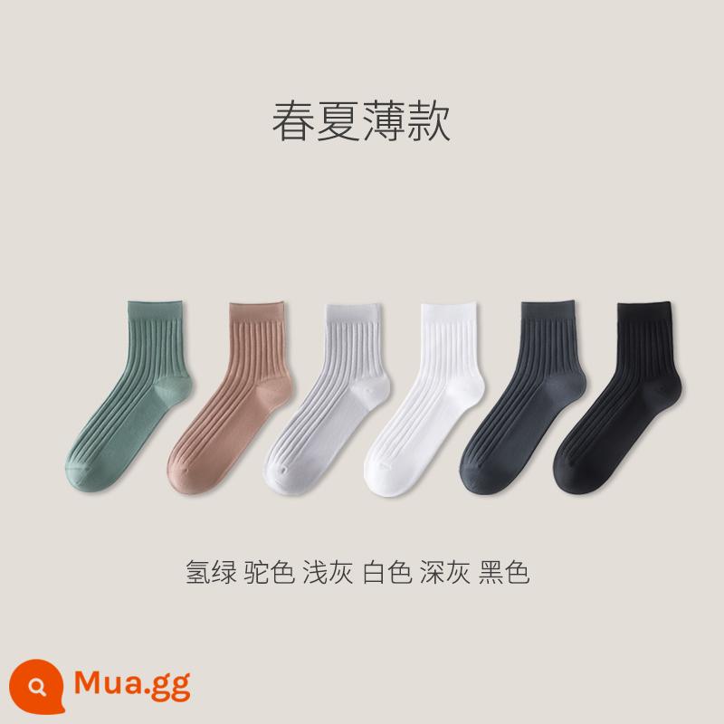 Tất cotton Tân Cương nam ống giữa cotton nguyên chất mùa đông dày dặn khử mùi ống dài kinh doanh thu đông đen cotton nam - Mẫu mỏng mùa xuân hè: xanh hydro-lạc đà-xám nhạt-trắng-xám đậm-đen