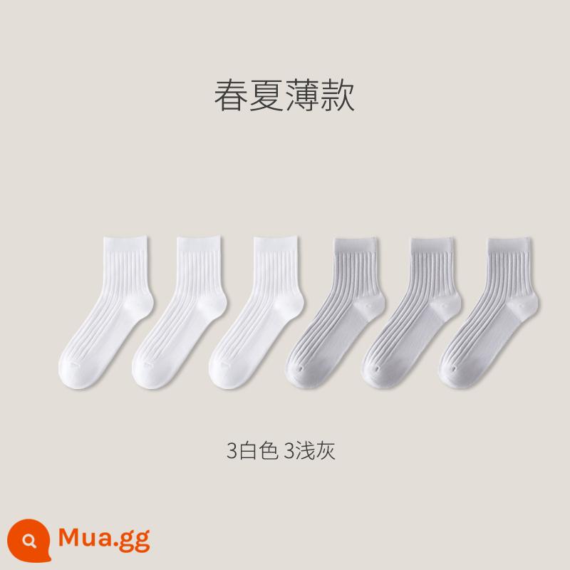 Tất cotton Tân Cương nam ống giữa cotton nguyên chất mùa đông dày dặn khử mùi ống dài kinh doanh thu đông đen cotton nam - Mẫu mỏng xuân hè: 3 màu trắng và 3 màu xám nhạt