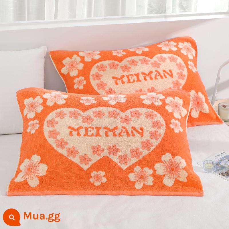 Cặp khăn gối 100% cotton terry, khăn gối kẻ sọc dày dặn dành cho người lớn bằng vải cotton nguyên chất, thấm hút mồ hôi, mềm mại và không rụng xơ vải vào mùa đông - Happy Orange [cặp] 50*73cm