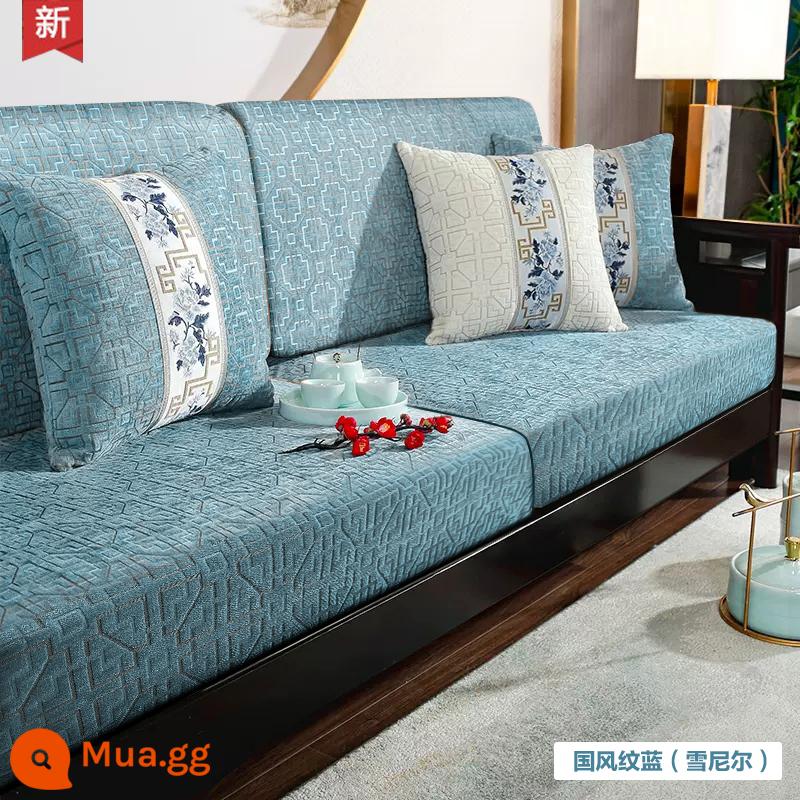 Vỏ ghế sofa bằng gỗ nguyên khối tùy chỉnh, vỏ bọc phổ quát bao gồm tất cả, đệm phổ quát vải lanh Trung Quốc, bọc ghế sofa tùy chỉnh - Màu xanh đậm phong cách dân tộc