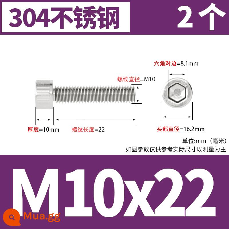 Thép không gỉ 304 cốc đầu lục giác vít đầu trụ vít nối dài 10mm bu lông M2M3M4M5M6M8 - M10*22[2 cái