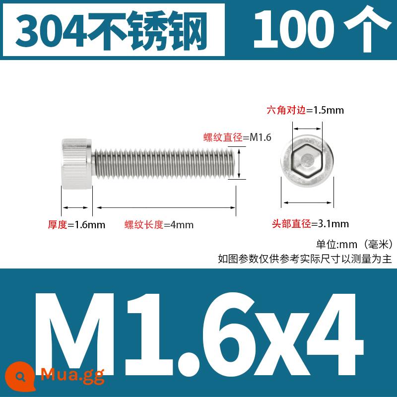 Thép không gỉ 304 cốc đầu lục giác vít đầu trụ vít nối dài 10mm bu lông M2M3M4M5M6M8 - M1.6*4[100 chiếc]