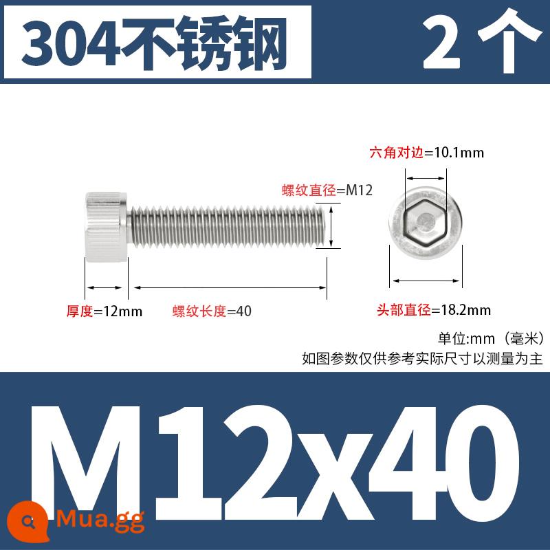 Thép không gỉ 304 cốc đầu lục giác vít đầu trụ vít nối dài 10mm bu lông M2M3M4M5M6M8 - M12*40 [2 cái