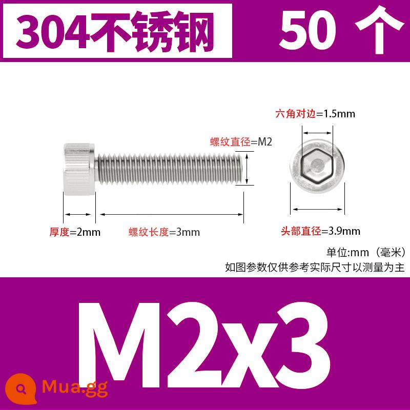 Thép không gỉ 304 cốc đầu lục giác vít đầu trụ vít nối dài 10mm bu lông M2M3M4M5M6M8 - M2*3[50 cái]